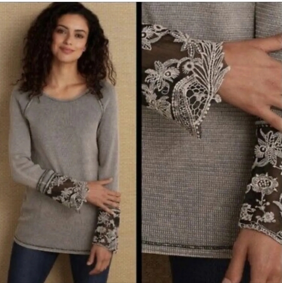Soft Surroundings Gray Waffle Cotton Lace Embroidered Cuffs Long Sleeve S (kn14) - Picture 1 of 7
